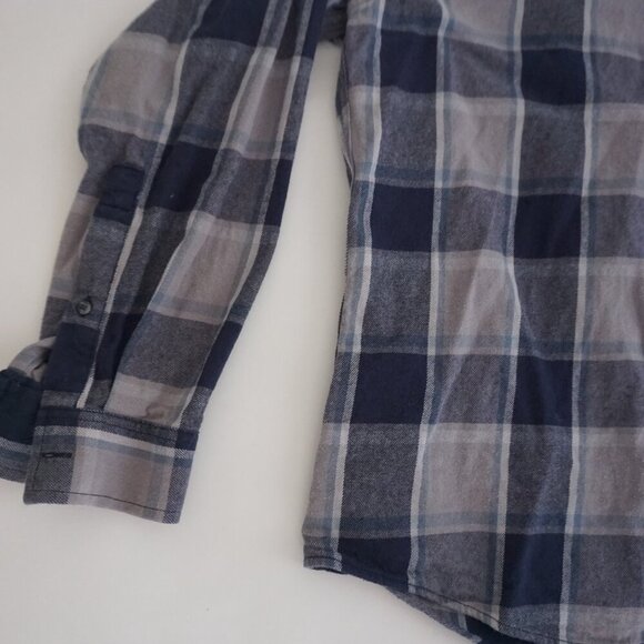 Vintage Eddie Bauer Navy Gray Plaid Cotton Outdoor Button Down Shirt Large - Picture 8 of 10